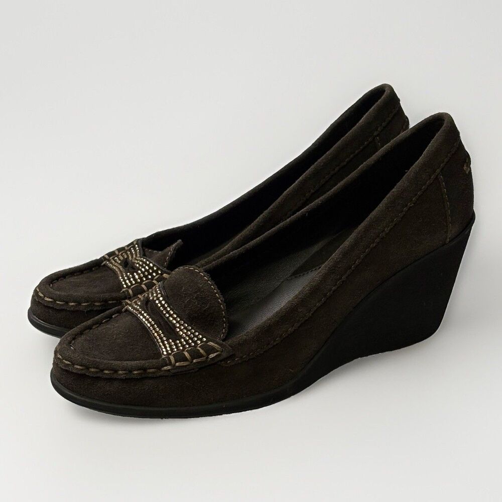Geox Womens Brown Suede Wedge Loafer Rhinestone US 8.5 EU 38.5 Old Money Classic